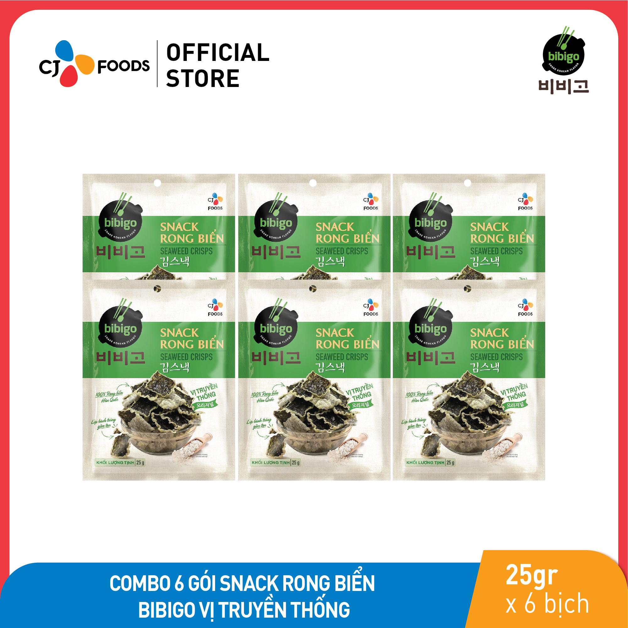 Combo 6 gói Snack Rong biển Bibigo vị truyền thống CJ Foods 25gr
