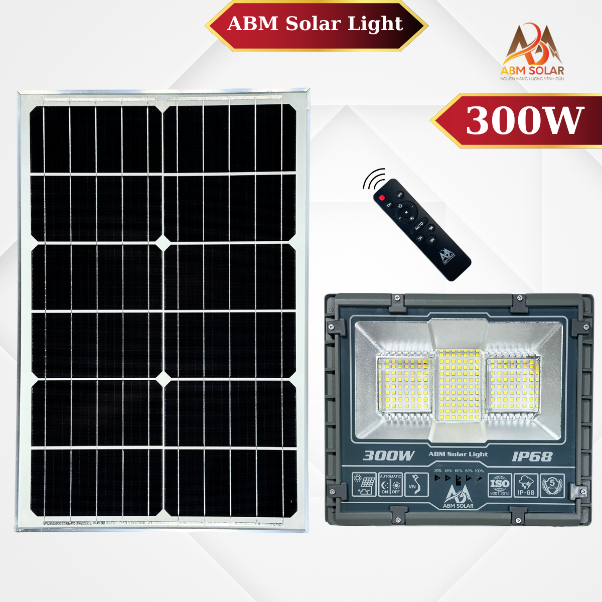 Đèn năng lượng mặt trời nhôm đúc nguyên khối , đổi 3 màu ánh sáng , công suất 300w abm solar