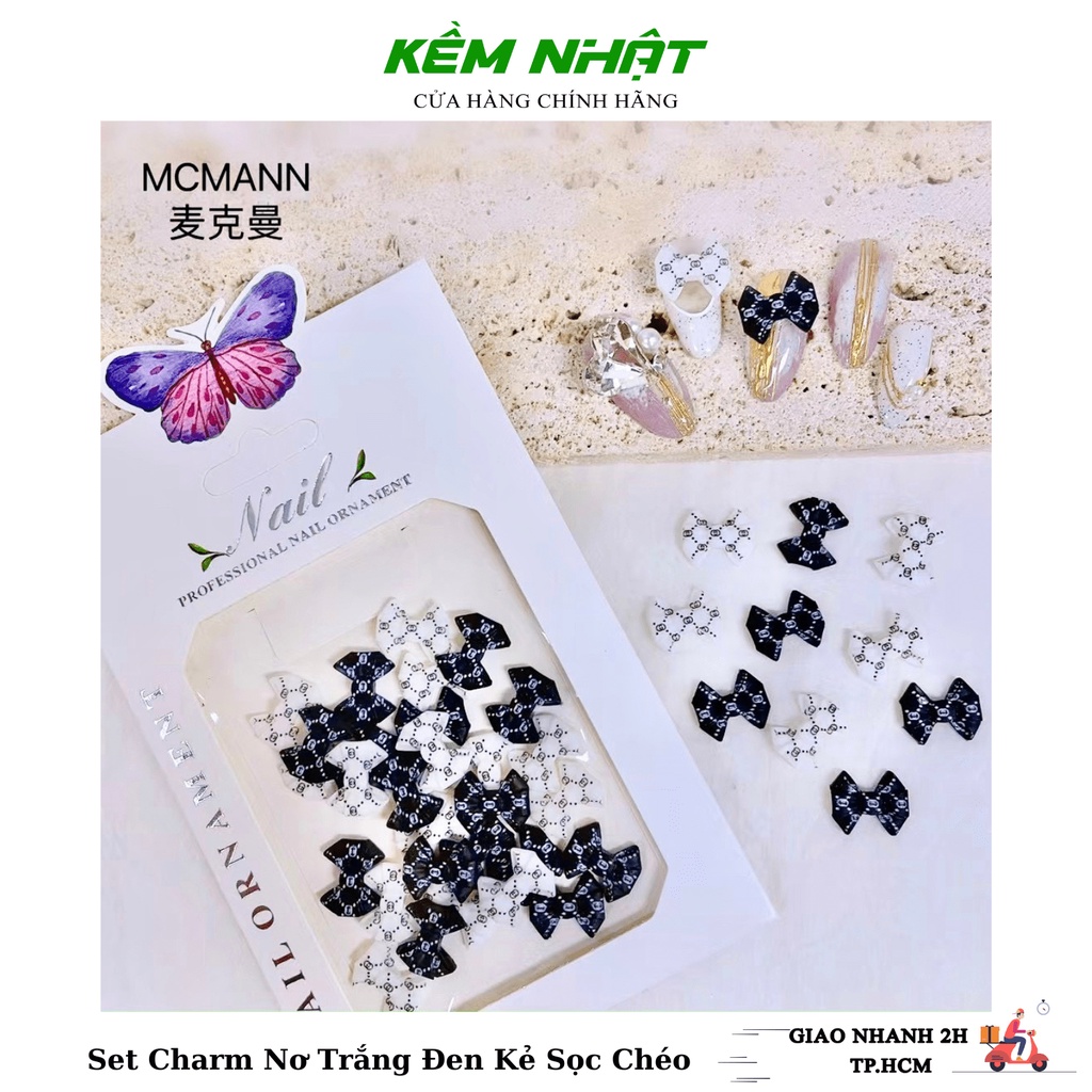 Set charm nơ trắng đen kẻ sọc chéo đính móng