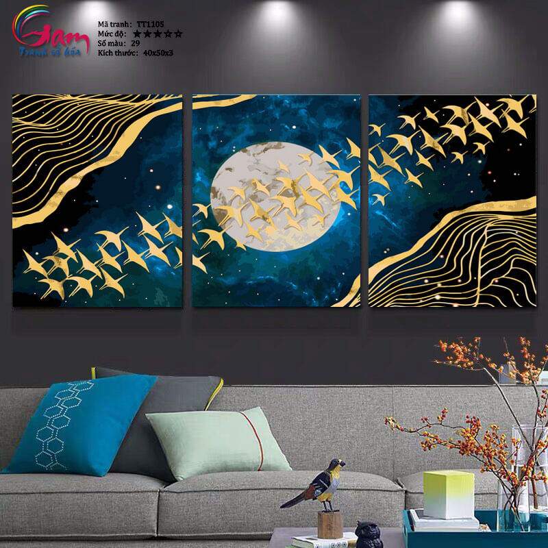 Tranh treo tường tự tô màu theo số sơn dầu số hóa Gam bộ 3 bức trăng vàng và hạc TT1105