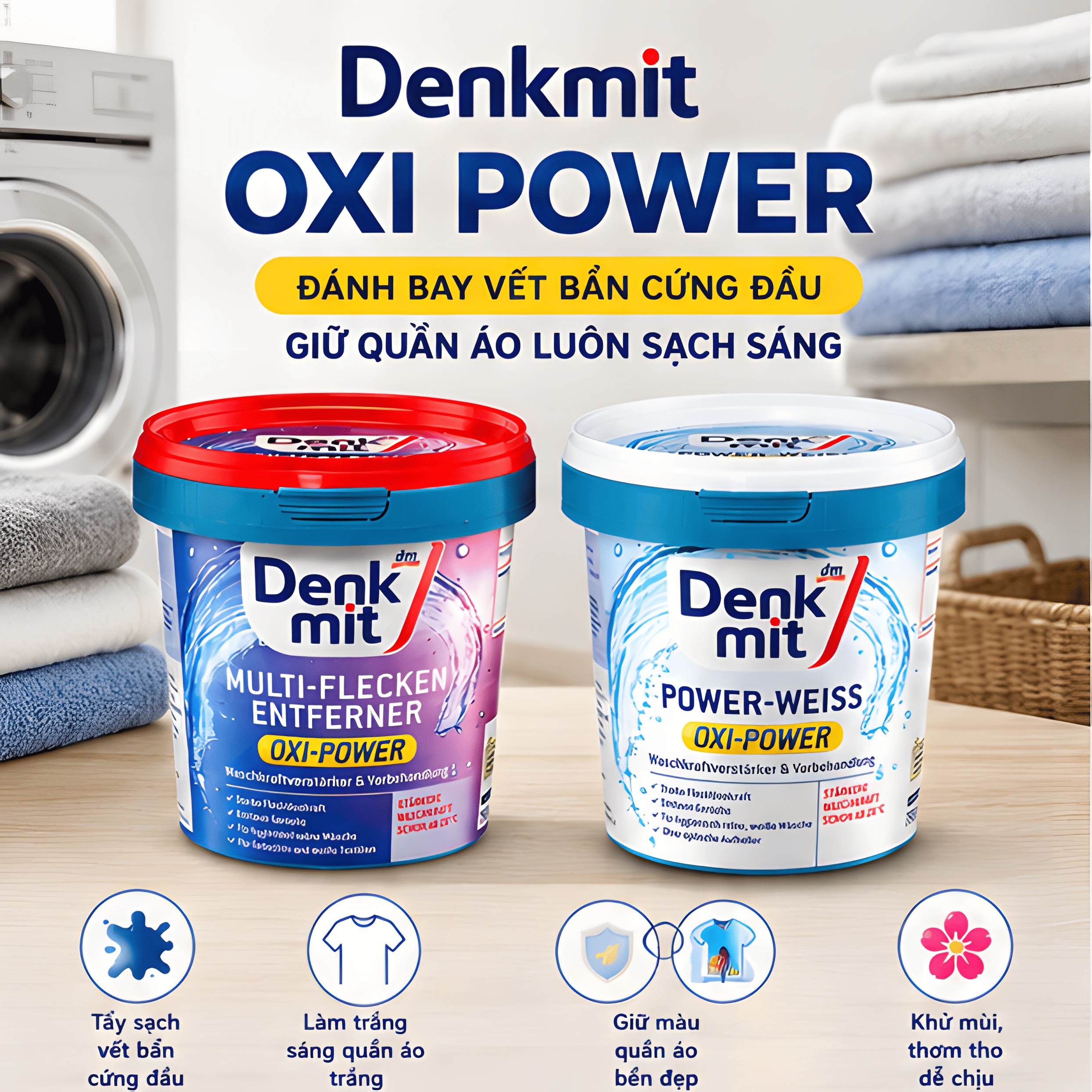 Bột giặt tẩy đa năng , Bột Tẩy Quần Áo Denkmit Oxi Power Đức , Tẩy Ố Vàng, Vết Bẩn , Giữ Màu Quần Áo Hiệu Quả , 750gr
