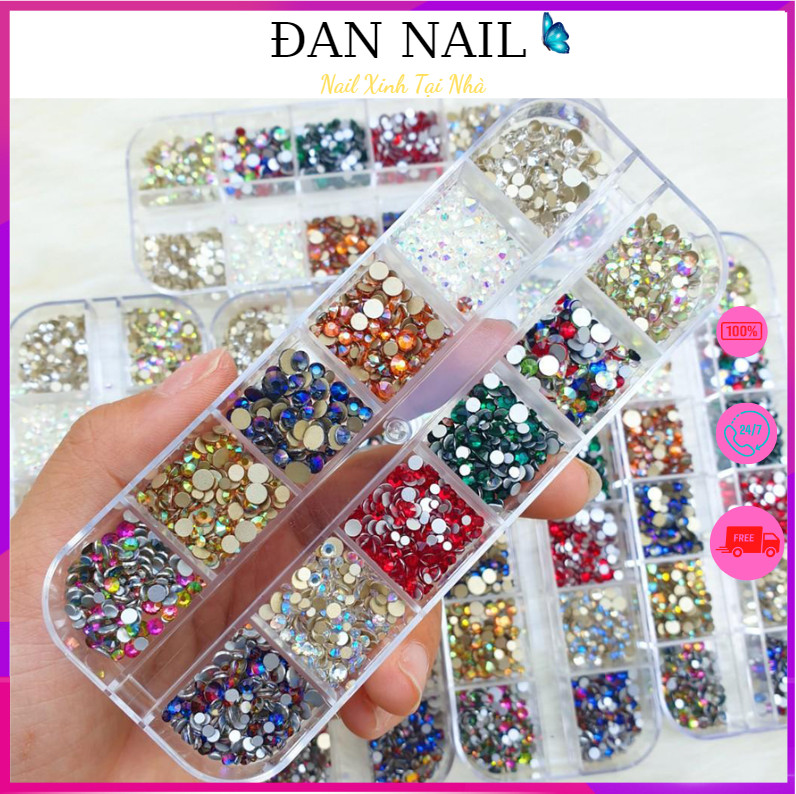 Set đá chân keo 12 ô mix màu siêu sáng - Set đá chân keo 12 màu mix trang trí móng đủ các size