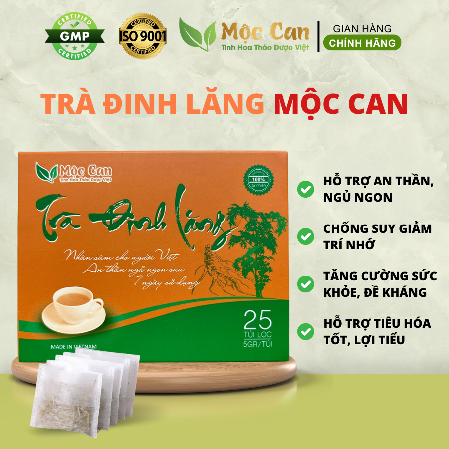 [Mua 10 tặng 1]Trà đinh lăng Mộc Can - An thần ngủ ngon : rất tốt trong các trường hợp rối loạn tiền đình, mất ngủ, khó ngủ, người cao huyết áp hoặc gặp các vấn đề về tiêu hóa.