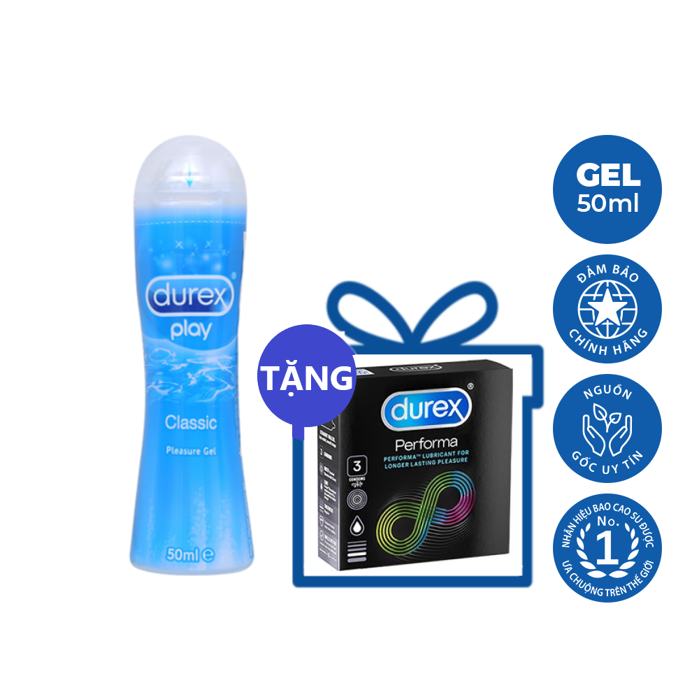 [HCM]COMBO 1 chai Gel bôi trơn Durex Play Classic 50ml tặng 1 hộp bao cao su Durex Performa 3 cái kéo dài thời gian