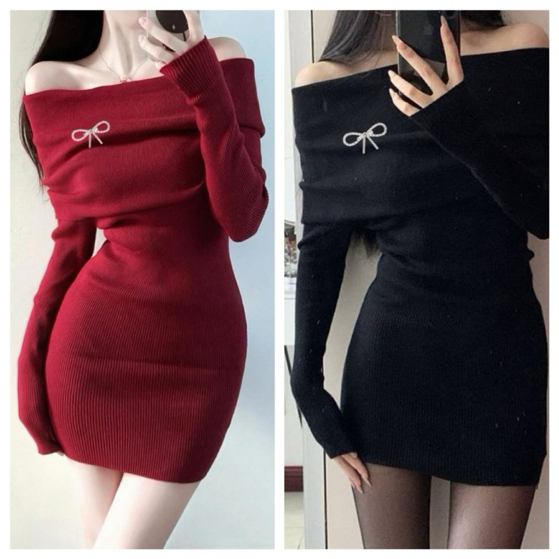 Đầm trễ vai tay dài phối nơ đính đá ôm body mặc tết cực đẹp tet2
