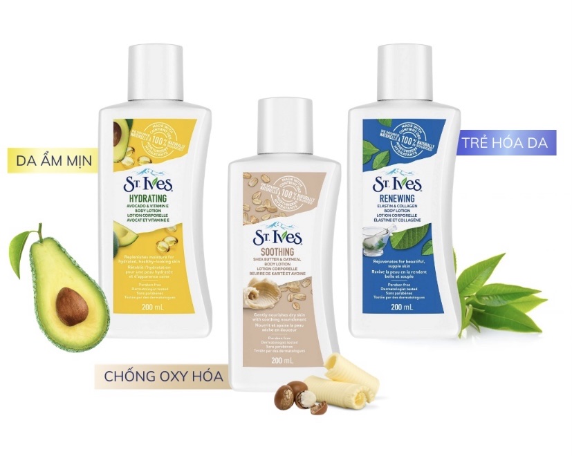 Sữa dưỡng thể st.ives 621ml/ 200ml vitamin e i lúa mạch i collagen nhập khẩu mỹ