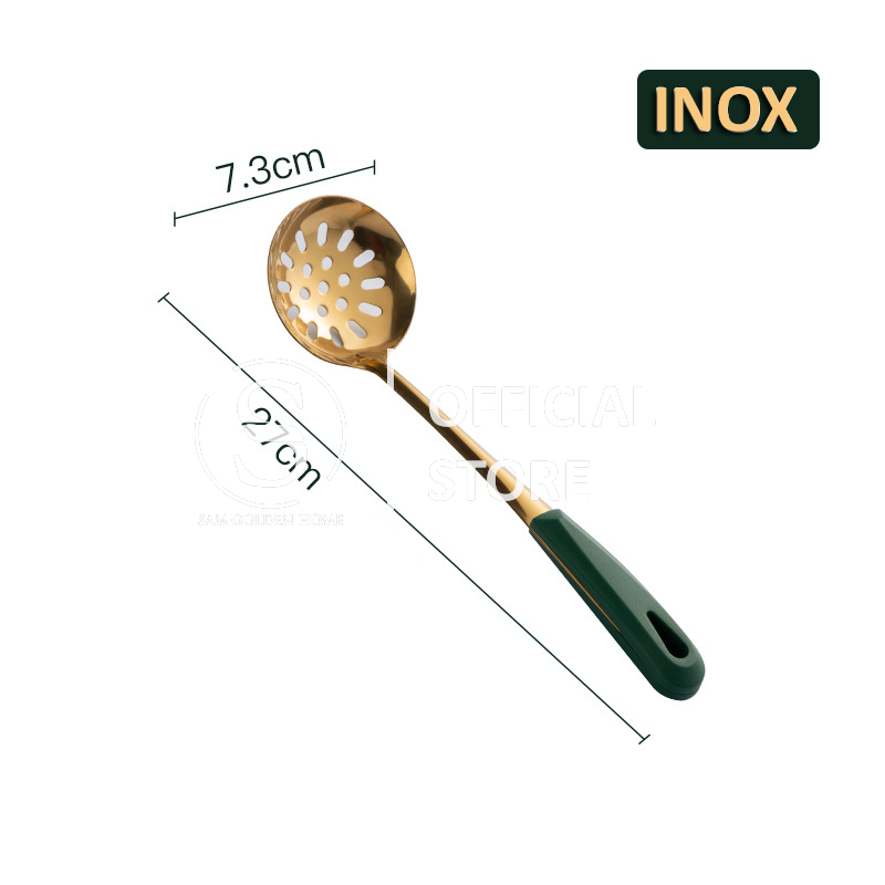 Muôi vá múc canh vàng inox 304 siêu bền cao cấp cán xanh lá cổ vịt emerald