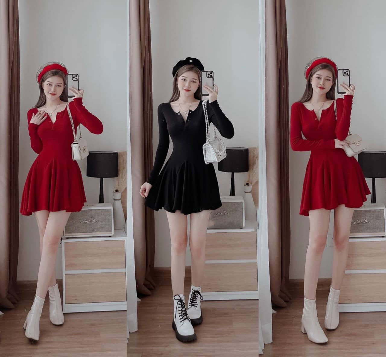 Đầm Nữ tay dài co dãng cổ phối nút tiểu thư sang trọng HARI