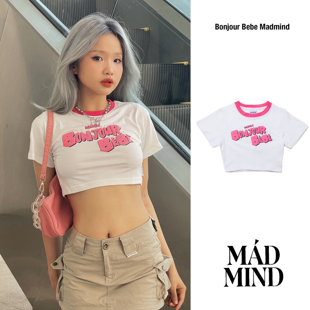 Madmind® chính hãng - áo thun croptop y2k, 100% cotton, tay ngắn bonjour bebe madmind hot hit - form ôm body - premium