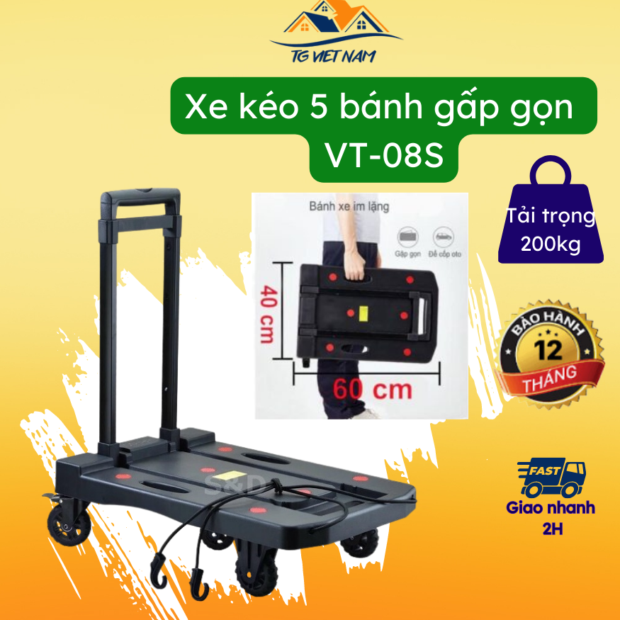 5 BÁNH- 2IN1- Xe đẩy hàng-kéo hàng đa năng 5 bánh, tải trọng max 200kg VT08S, có bánh có khóa, TẶNG 2 dây chun có móc