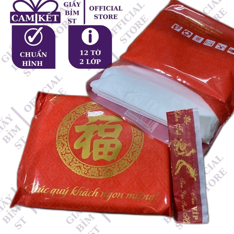 Thùng 100 gói giấy ăn đám cưới, ăn tiệc 12 tờ/gói x 2 lớp đỏ chữ hỉ có kèm tăm