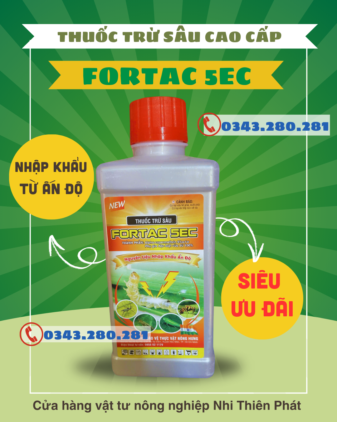 THUỐC TRỪ SÂU FORTAC 5EC SÂU CUỐN LÁ SÂU ĐỤC THÂN ĐỤC TRÁI BỌ XÍT MUỖI CHAI 450ML