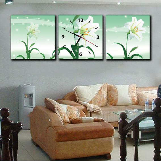 Đồng hồ trang trí hoa ly trắng treo phòng khách, tranh đồng hồ bộ ghép 3 tấm treo tường phòng khách HH00222-DH