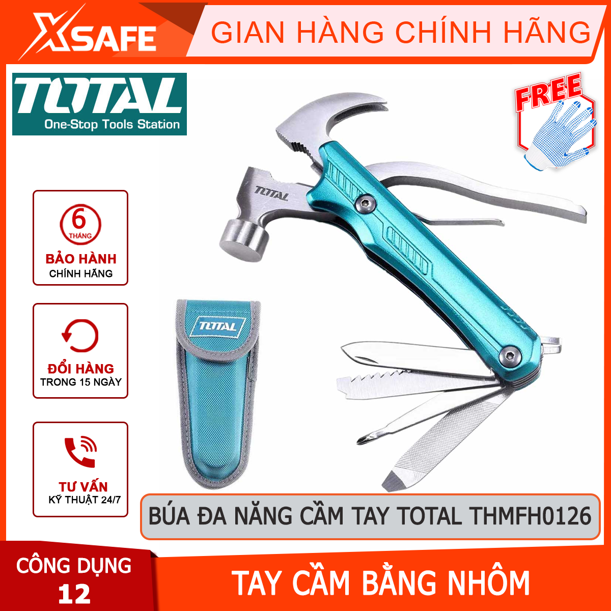 Búa đa năng total thmfh0126 gồm 1 búa nhổ đinh, 1 kềm mũi dẹp, 1 kềm chuyên dụng, 1 kềm cắt dây, 1 dao cắt, 1 cưa gỗ, 1 dao móc khóe, 1 tua vít, 1 giũa kim loại, 1 giũa gỗ,