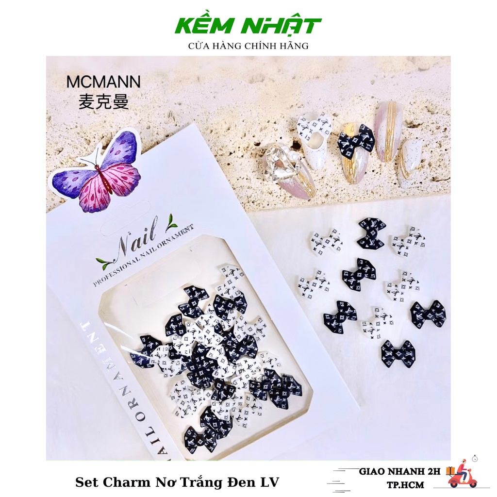 Set charm nơ trắng đen lv đính móng