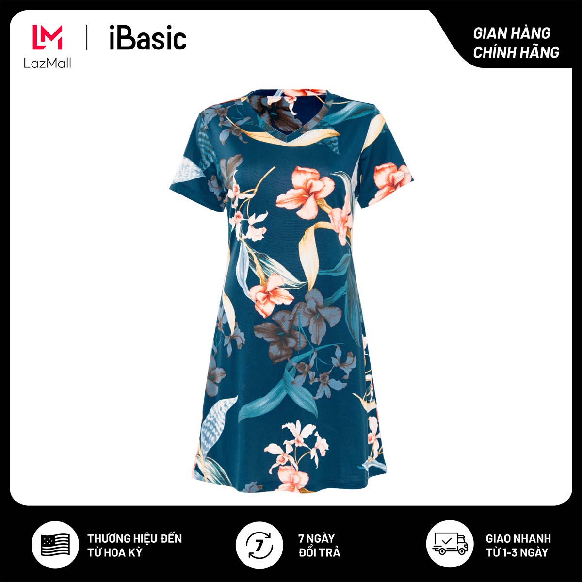  Đầm mặc nhà nữ iBasic thun lạnh tay ngắn hoạ tiết 7916-3 