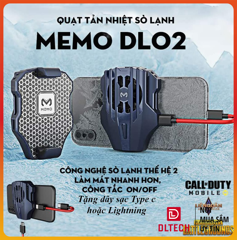 Quạt tản nhiệt gaming sò lạnh siêu mát Memo DL02 cho điện thoại có nút bật tặng kèm dây sạc Type c Lightning DL TECH