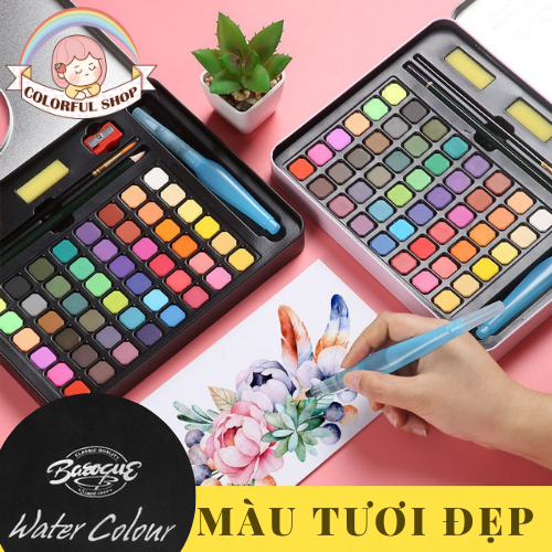 Màu nước Baeoque dạng nén Water Color 36/48 màu +7 quà tặng kèm cọ tỉa, Bút chì, Bút lông, gọt bút chì, tuýp trắng blend