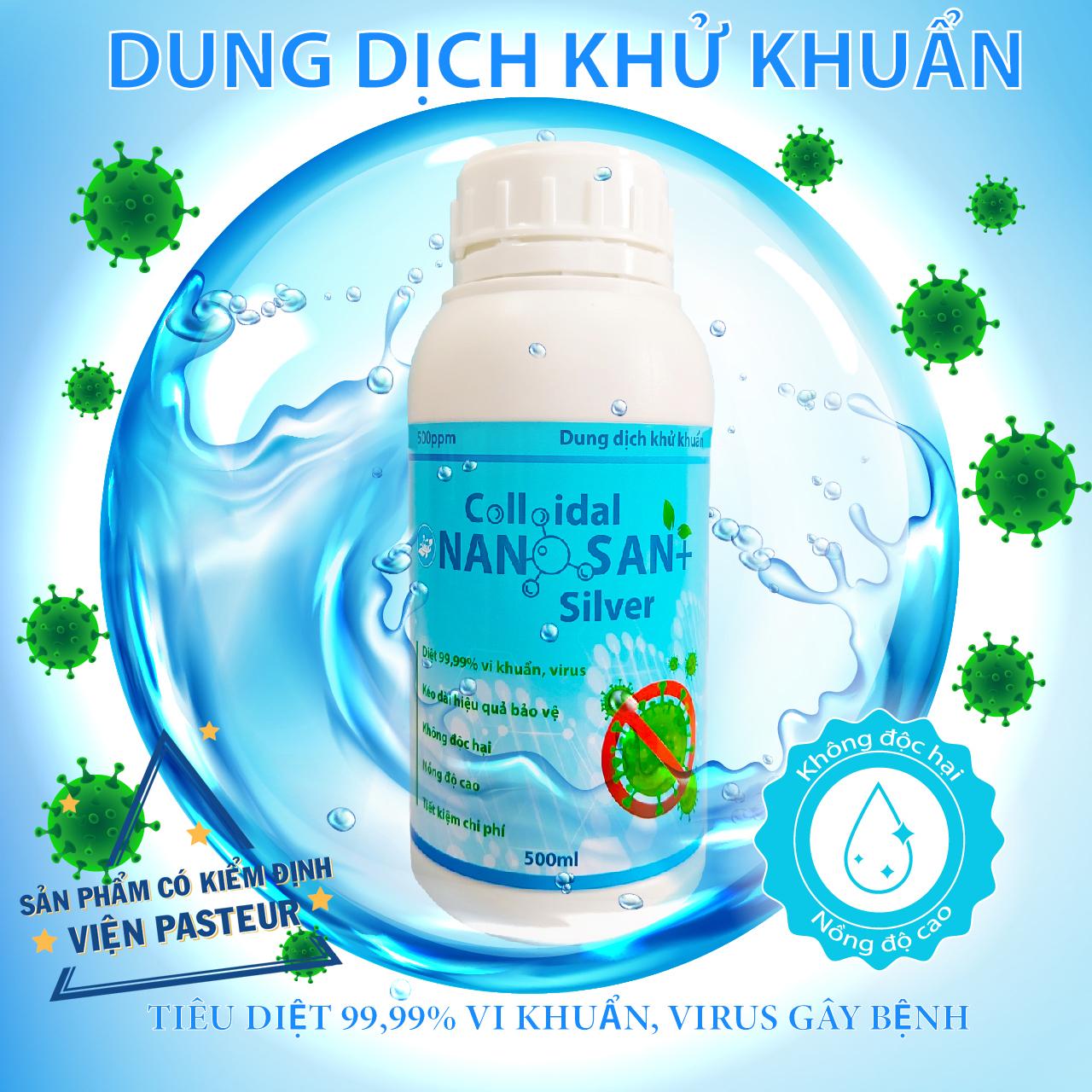 [Pha loãng 100 lần] Dung dịch khử khuẩn nano bạc SAN+. Diệt 99,9% vi khuẩn gây hại, truyền nhiễm.