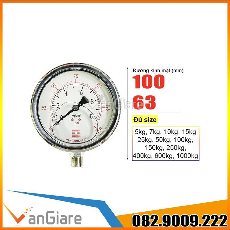 Đồng hồ đo áp suất Pro Instrument mặt 63mm (Đủ size)