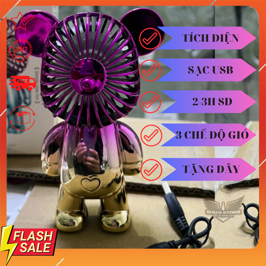 Quạt mini cầm tay hình gấu, Quạt gấu mini Bearbrick 2023 có cổng sạc USB