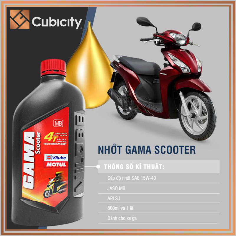 Nhớt xe ga GAMA Scooter Vilube Motul 15W40 800ml Technosynthese tiêu chuẩn API SJ JASO MB giúp tẩy rửa giữ động cơ luôn sạch, tăng công suất động cơ