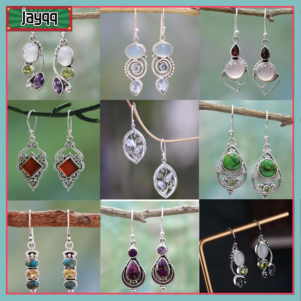 Bông Tai Pha Lê Màu Hồng Thạch Anh Tím Ngọc Lam Nhiều Viên Đá Quý Và Ngọc Lam Quyến Rũ Tự Nhiên Trang Sức Cổ Điển