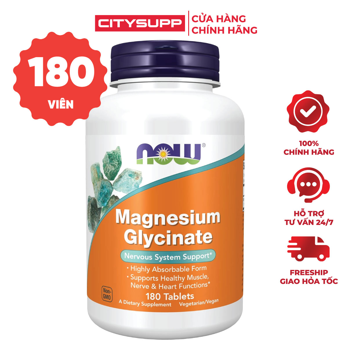 Viên Uống NOW Magnesium Glycinate 200mg With TRAACS (180 Viên) Hỗ Trợ Sức Khỏe và Trí Nhớ | Nhập Khẩu Mỹ