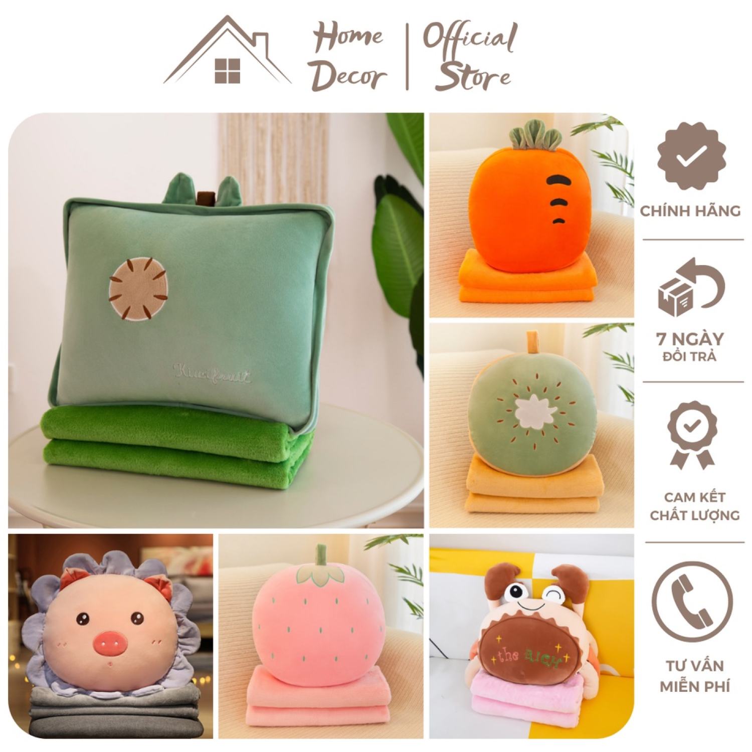 Chăn gối văn phòng đa năng hình quả hình thú dễ thương, chăn kèm gối hình thú nhồi bông cho bé, chăn gối gấu bông giá rẻ