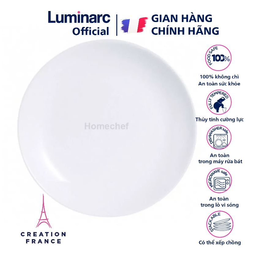 Đĩa thủy tinh Luminarc Diwali 19cm D7358 làm bằng thủy tinh an toàn sức khỏe, dùng được lò vi sóng và máy rửa bát, hàng chuẩn chính hãng