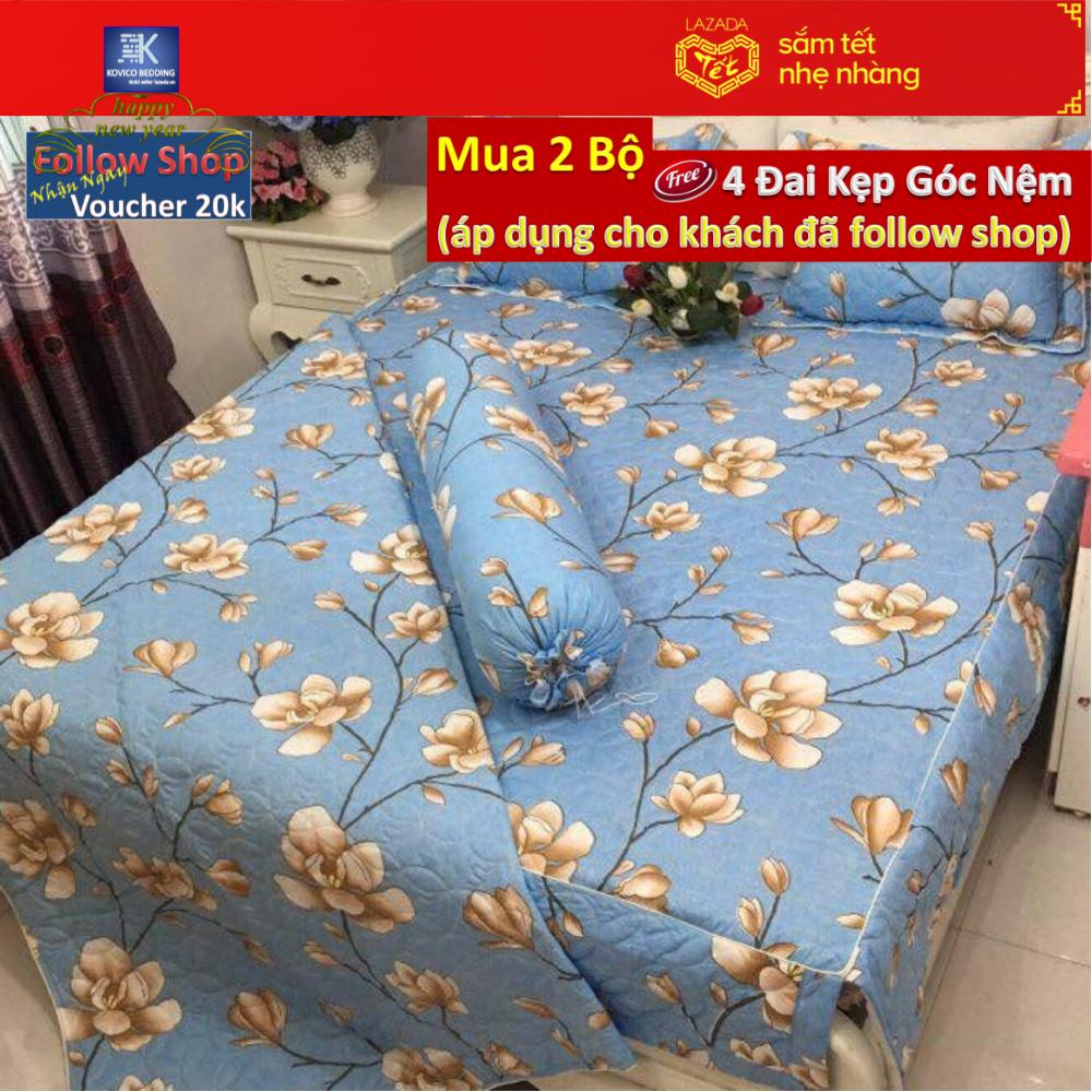 (FreeShip MAX) Trọn Bộ 5 món Chăn Ga Gối Phủ Chần Bông Kovico Hoa Đỗ Quyên 1m6x2m