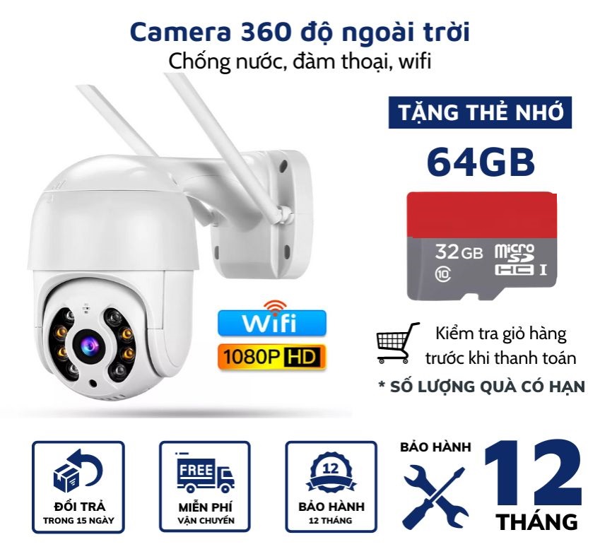 Camera xoay 360 độ ngoài trời, Camera Hình Cầu Chống Nước Xoay 360 Độ, phát hiện chuyển động trong đêm, siêu nét 4k -Bảo hành 12 tháng