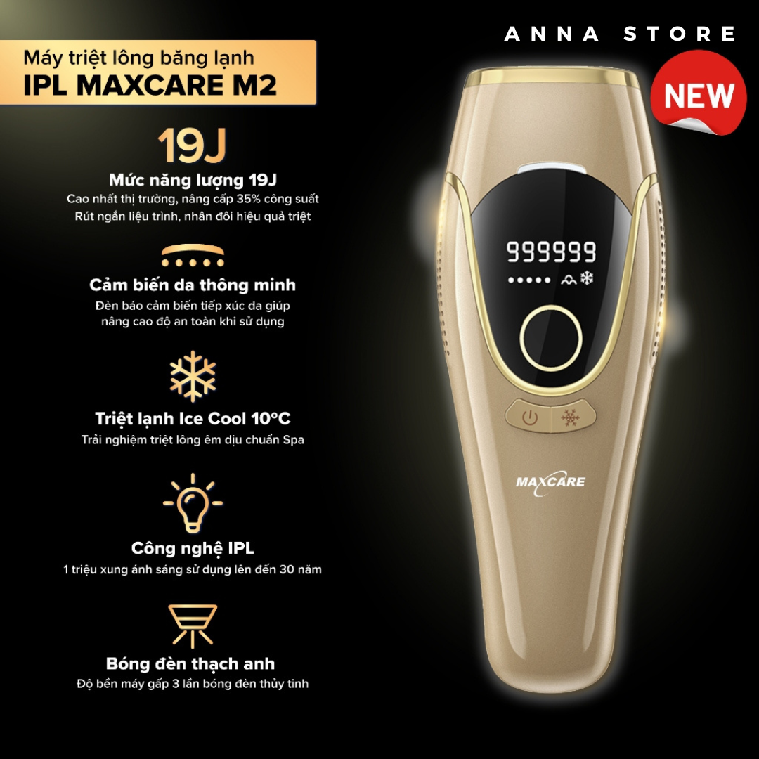 Máy triệt lông băng lạnh trẻ hóa da ipl maxcare m2 bản cao cấp tích hợp cảm biến da, năng lượng 19j tăng 35% hiệu quả