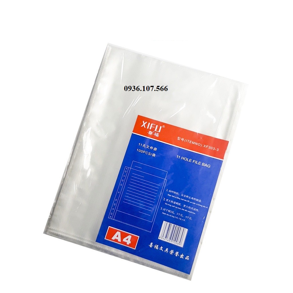 Xấp 100 cái bìa 11 lỗ nilon a4 - file lá trong 11 lỗ