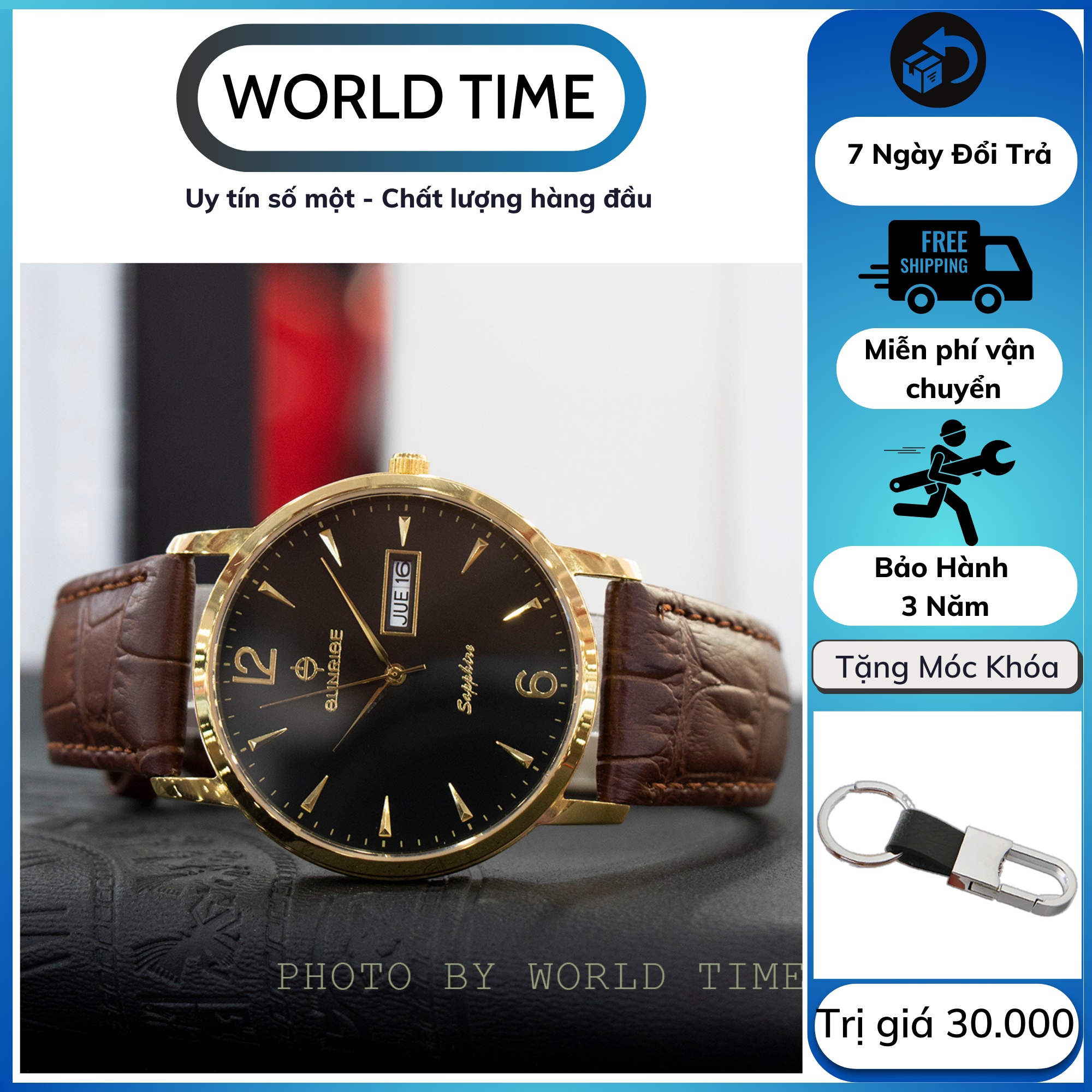 Đồng hồ nam Sunrise dây da DM778SWA [Full box],kính Sapphire chống xước, chống nước, mặt đen dây da cao cấp, bảo hành 3 năm.