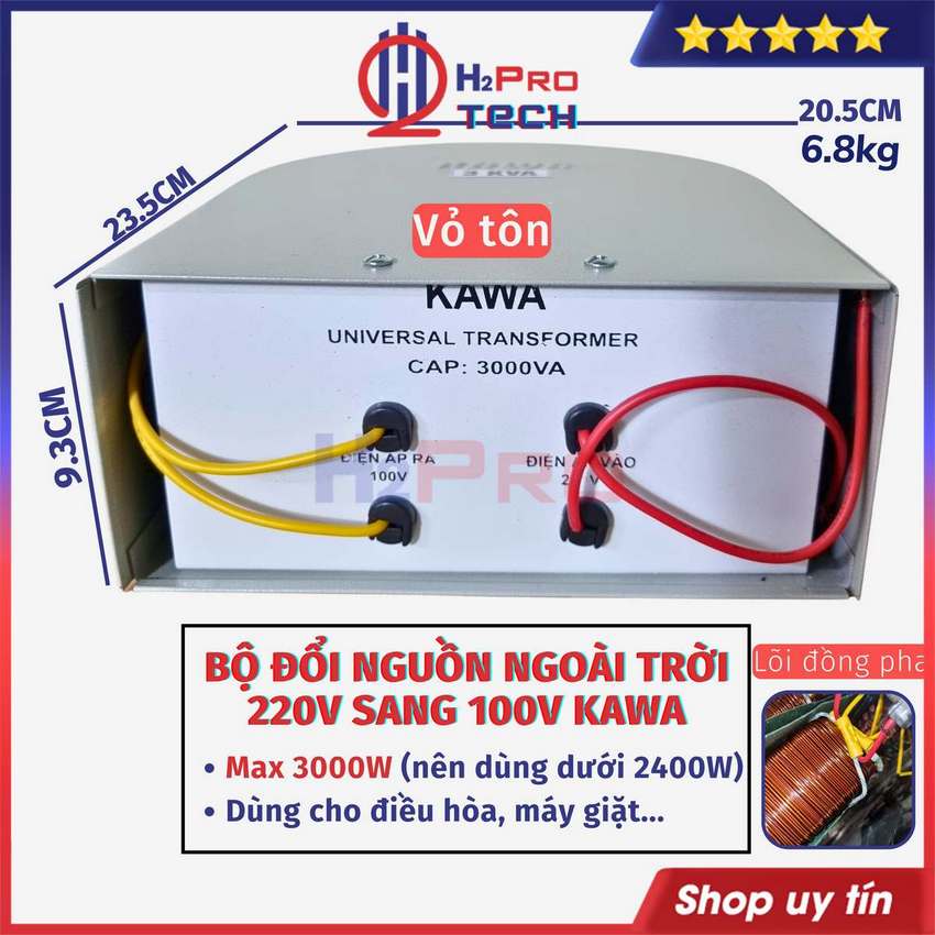 Đổi nguồn 220v sang 110v, 100v ngoài trời kawa 3000w dùng cho điều hòa - máy giặt, biến áp tự ngẫu cao cấp - h2pro tech