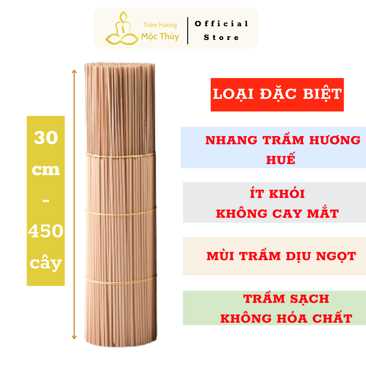 Nhang trầm hương sạch cao cấp ít khói Mộc Thuỷ Loại Đặc Biệt bó 450 cây 30cm, nhang trầm hương Huế tự nhiên