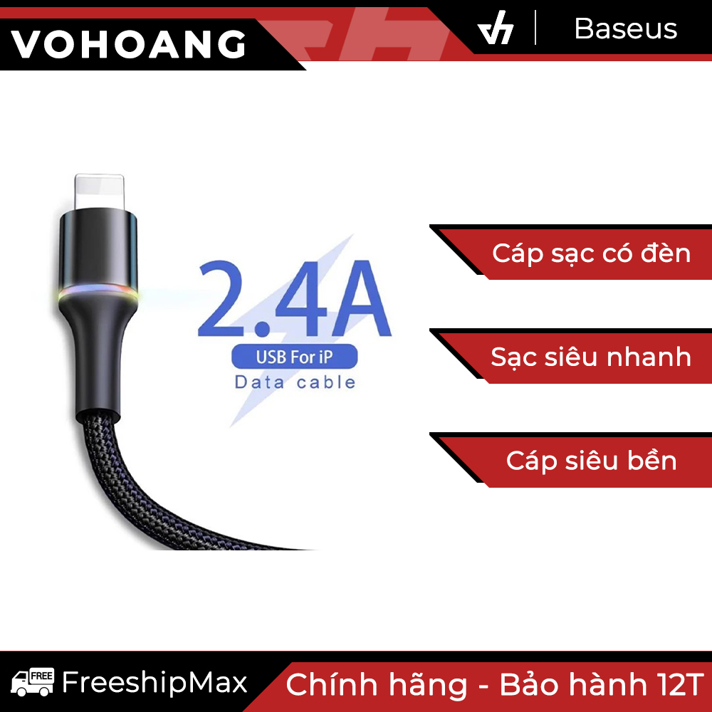 Cáp sạc iphone siêu bền Halo Lightning Baseus 2.4A dài 1M có đèn - LV551-1M