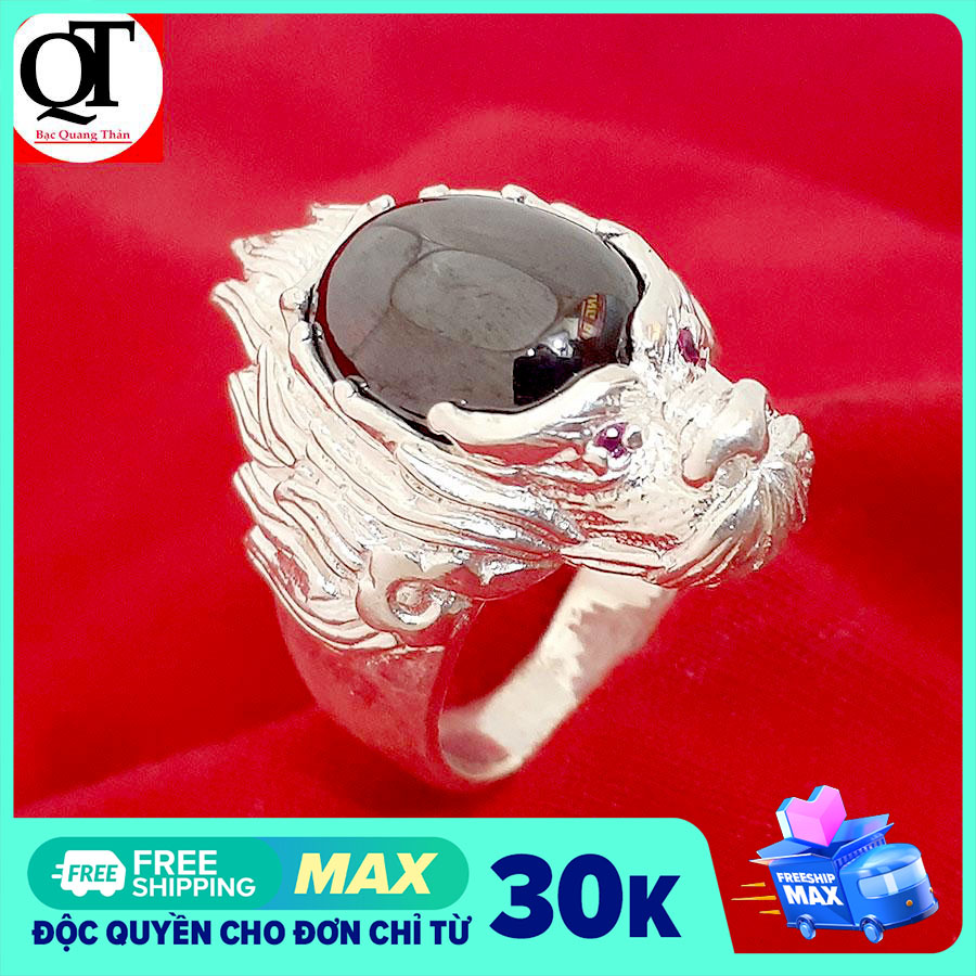 Nhẫn nam bạc ta đúc đầu Rồng gắn đá ovan trang sức Bạc Quang Thản – QTNA16