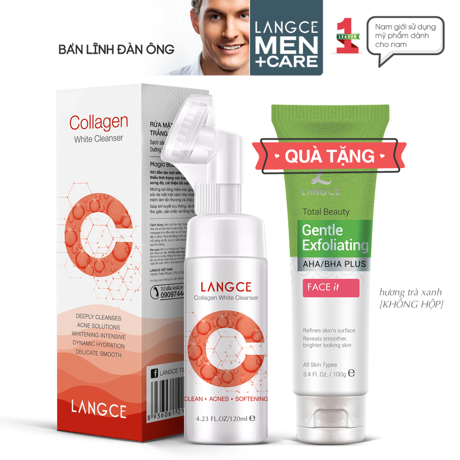 Collagen Rửa Mặt Cọ Massage Trắng Da 120ml Hộp Đỏ TẶNG Tẩy Tế Bào Chết Da Mặt Trà Xanh 100ml LANGCE cho Nam