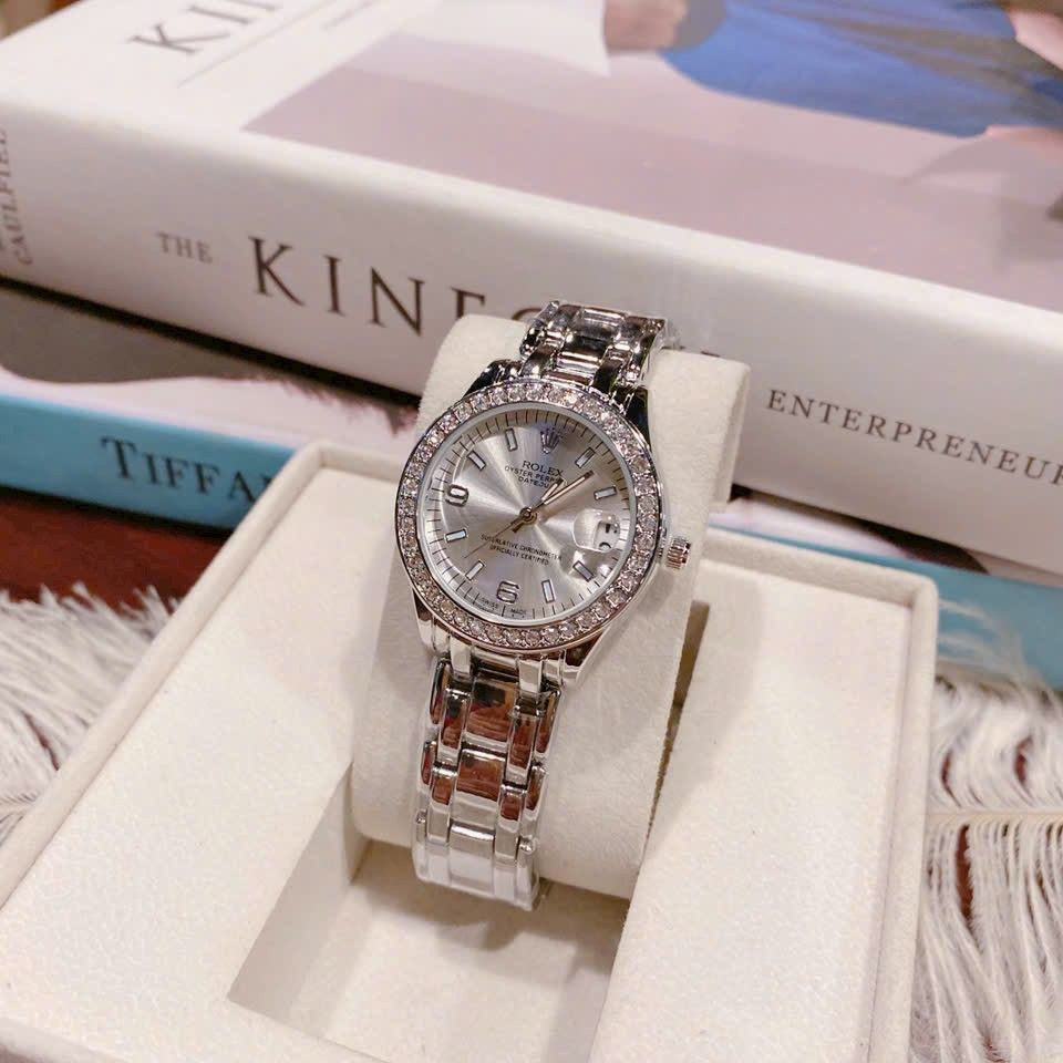 Đồng hồ Rolex Nữ sang Trọng đính đá, dây titan ko gỉ, số La Mã dành cho phái đẹp