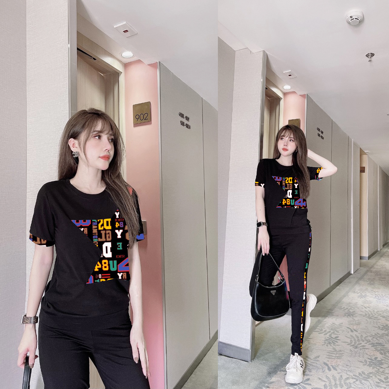 Đồ bộ thun thể thao nữ họa tiết in 3D thời trang