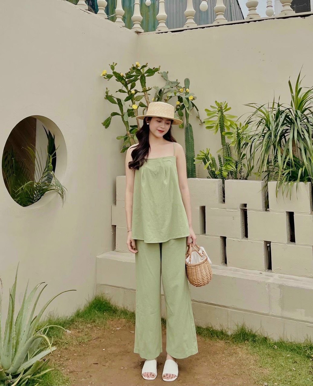Sét bộ nữ, sét áo hai dây mix quần đẹp chất đũi lụa mềm siêu mát tp