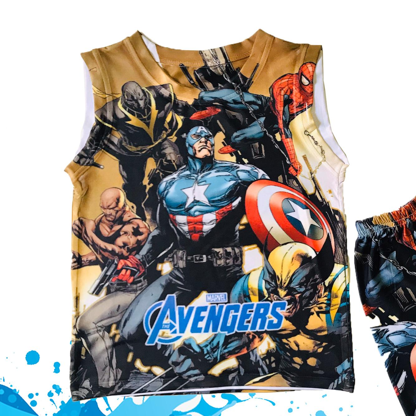 Bộ quần áo thun 3 lổ bé trai in 3d hình avengers vàng