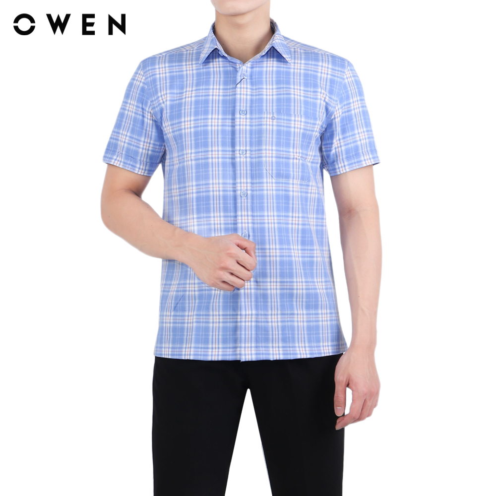 OWEN - Áo sơ mi ngắn tay Body Fit BA23358N màu Xanh chất liệu Cafe T-Cool