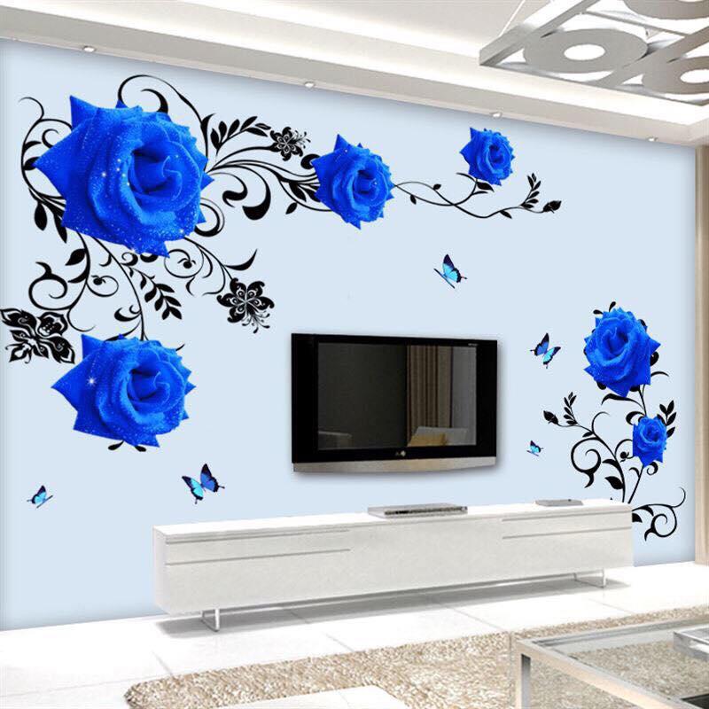 decal dán tường hoa hồng xanh 3D
