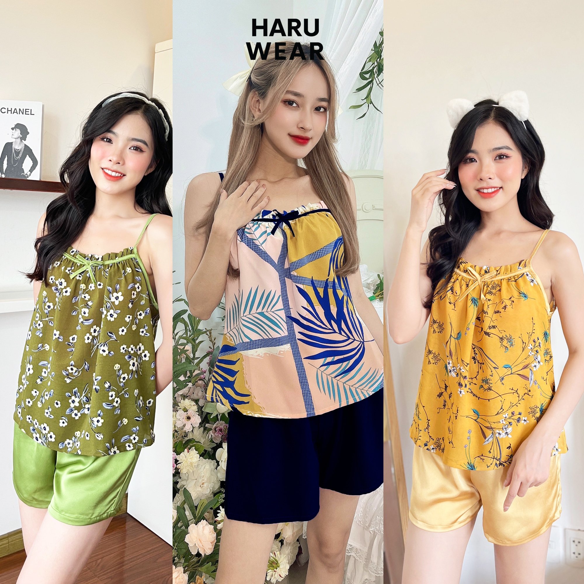 Đồ bộ mặc nhà nữ áo 2 dây quần lửng Set đồ ngủ nữ HARUWEAR xanh dương D003