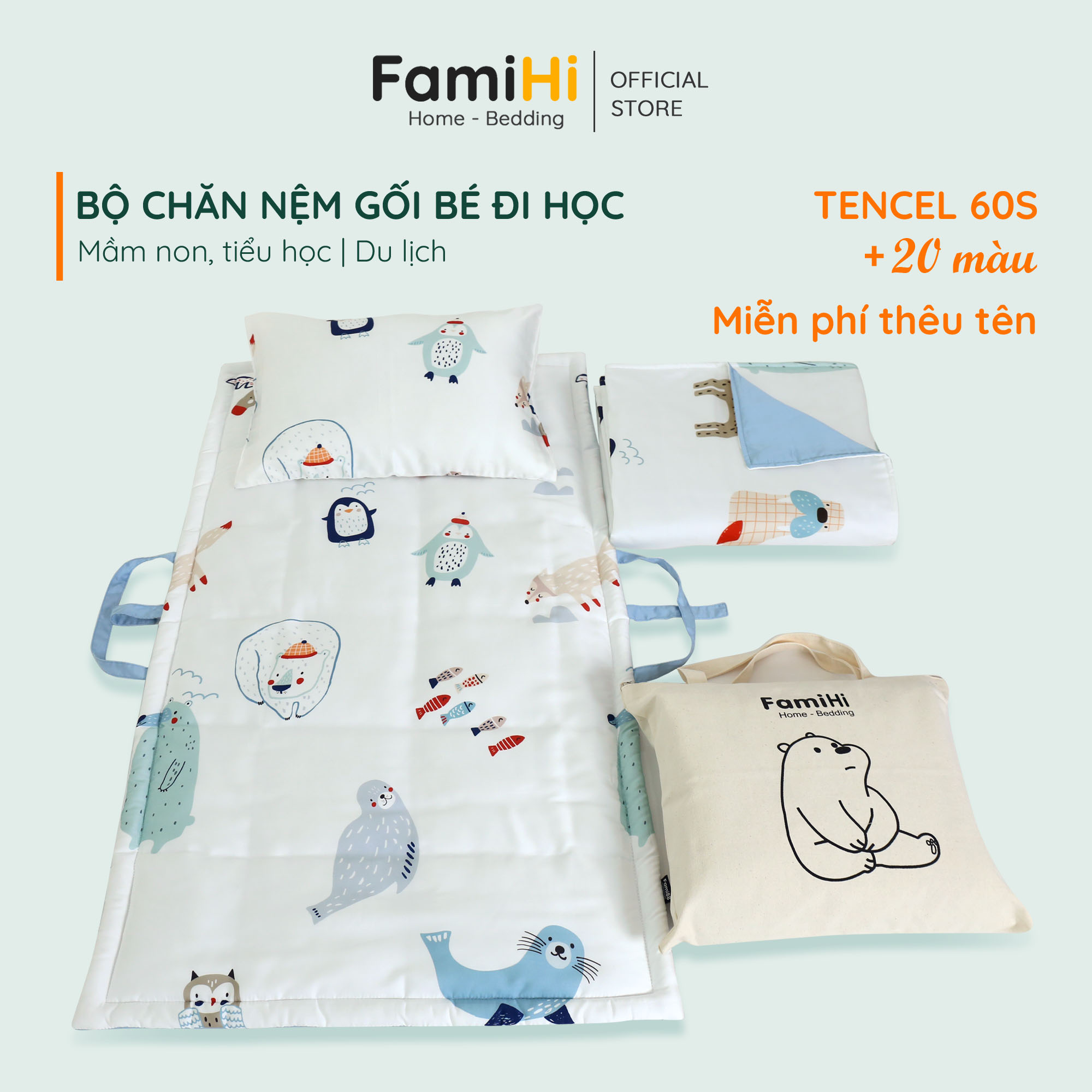Bộ chăn nệm gối lụa tencel 60S cho bé đi học mẫu giáo mầm non tiểu học FamiHi cao cấp, 100% lyocell thiên nhiên.