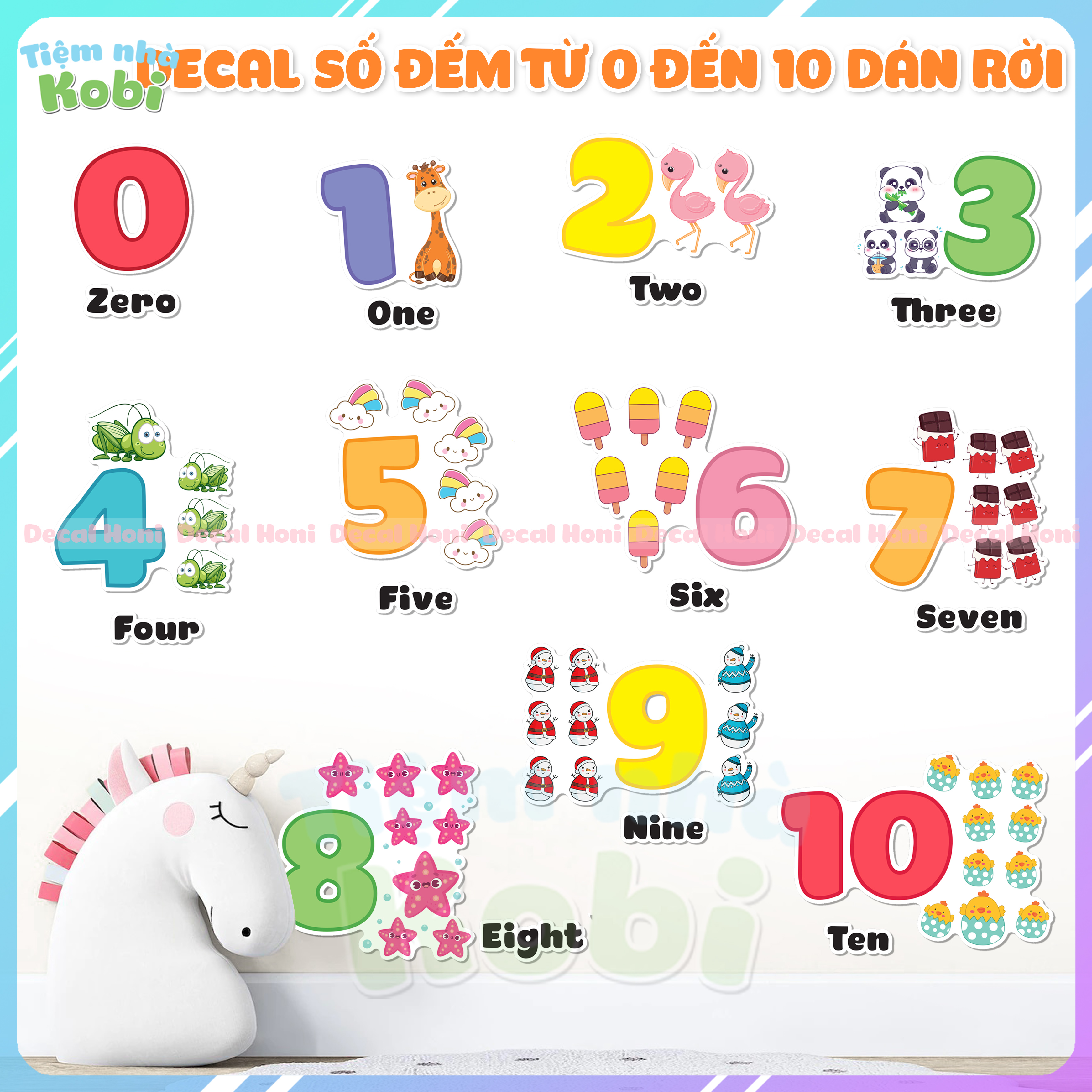Decal bảng chữ số đếm từ 0 đến 10 cho bé dán rời từng só