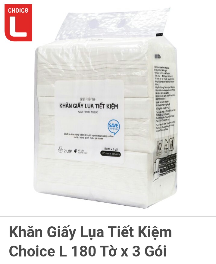 Khăn giấy lụa tiết kiệm choice l 180 tờ x 3 gói
